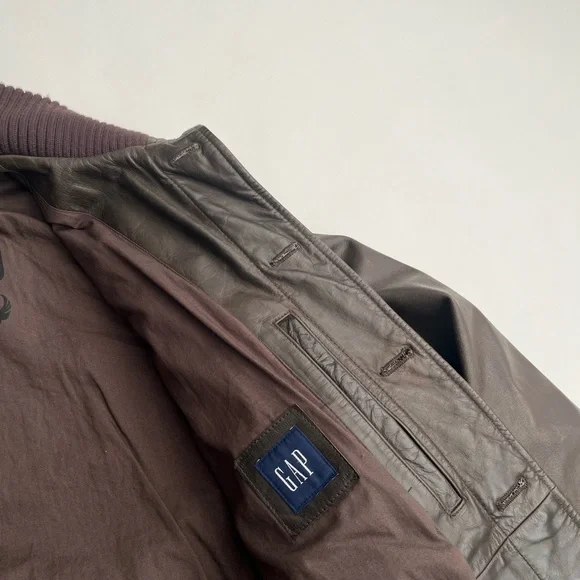 Gap men’s brown genuine leather bomber jacket with ribbed collar / L - Picture 5 of 11